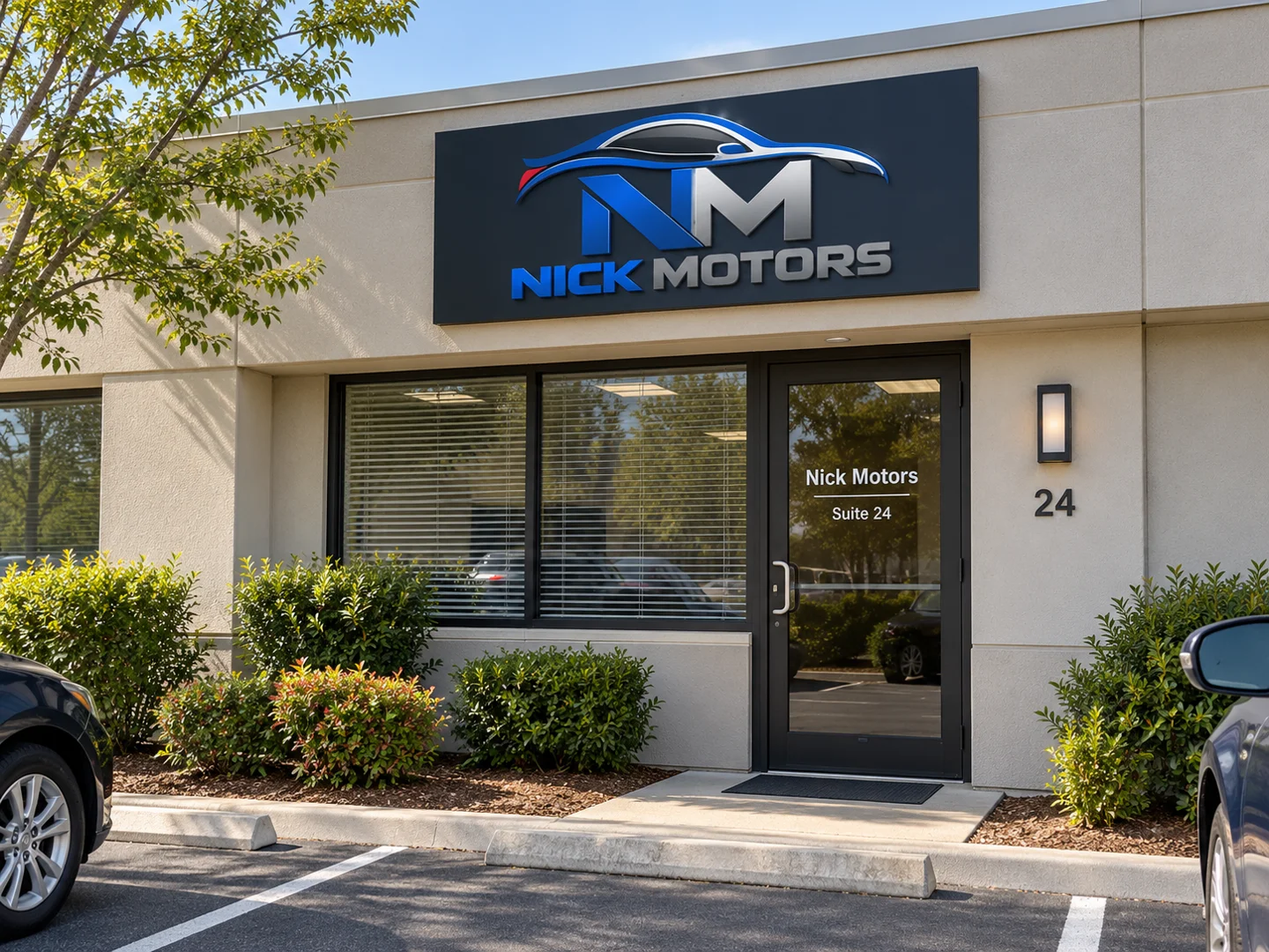 Illustrative Nick Motors storefront with blue and silver branding